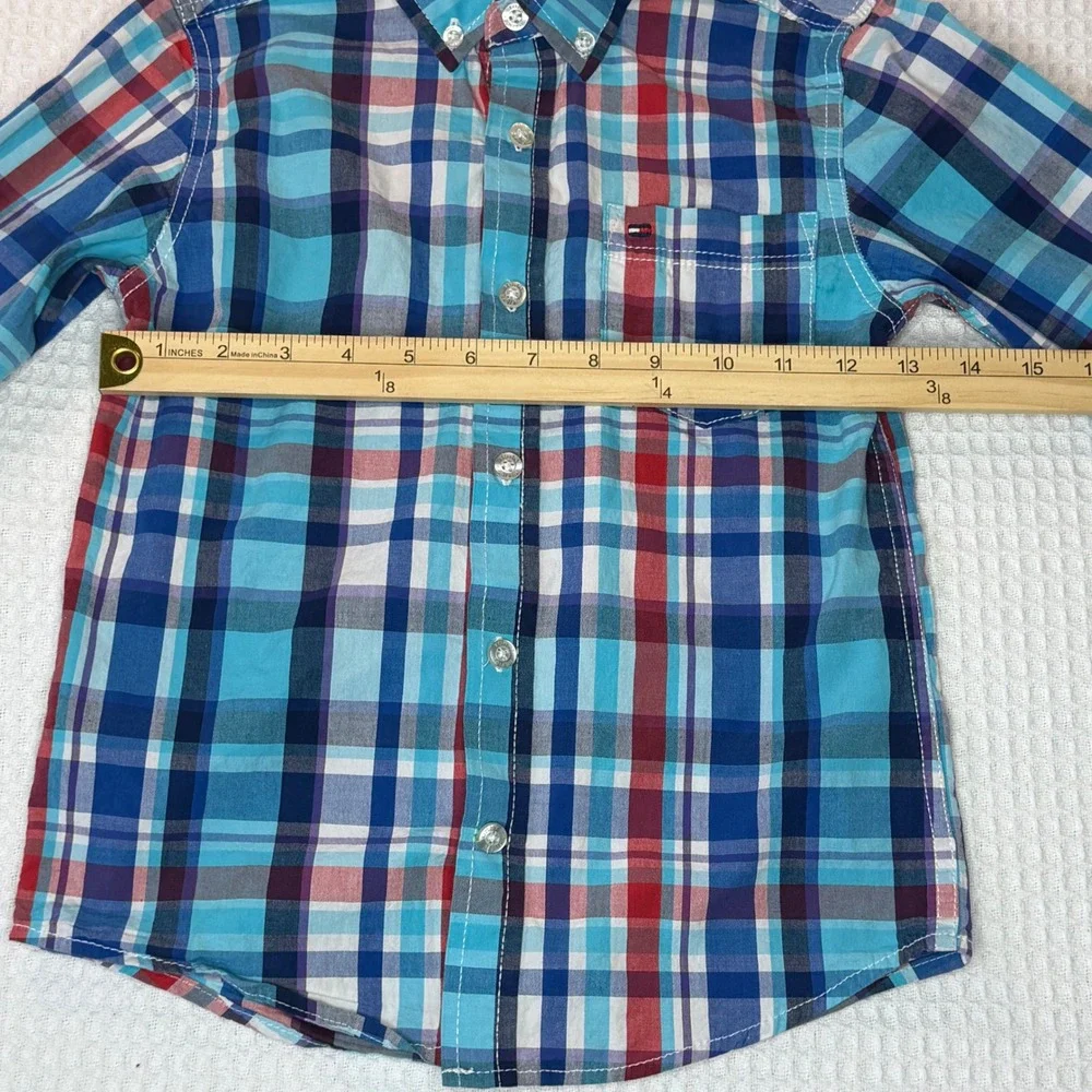 Tommy Hilfiger Kids Blue Red Plaid Long Sleeve Button Down Shirt Size 7
